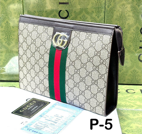 GUCCI Classic Monogram Clutch with Web Stripe – Beige & Brown