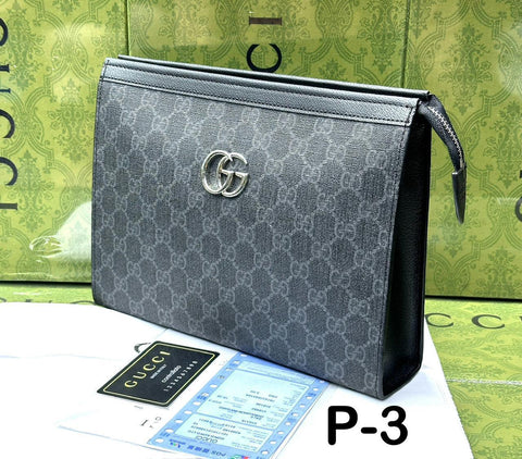 GUCCI Grey Monogram Clutch Bag – Elegant Silver Logo | Unisex Designer Pouch